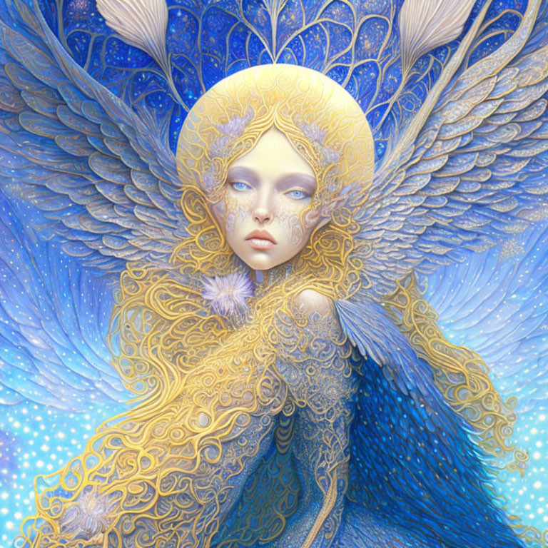 Fantastical creature with golden headpiece and blue wings holding a flower