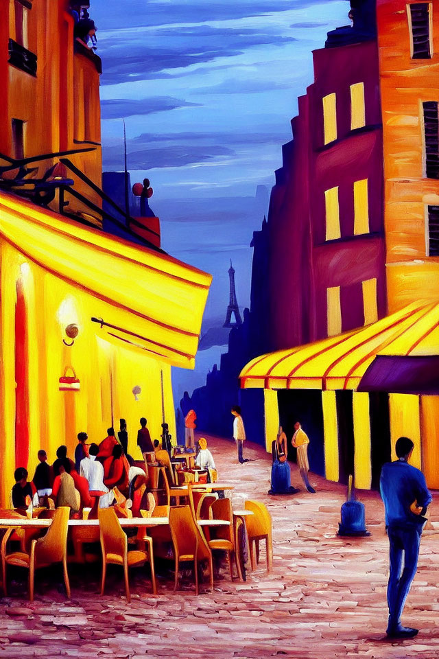 Vibrant street scene with outdoor cafes and Eiffel Tower view