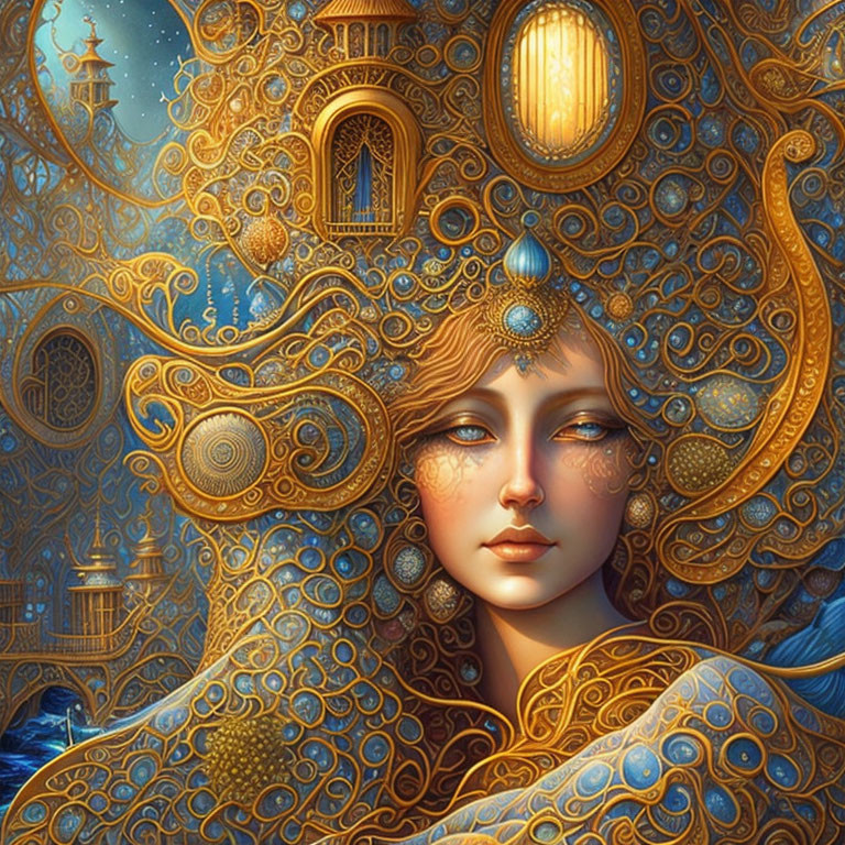 Surreal artwork of woman's face with golden patterns & architecture