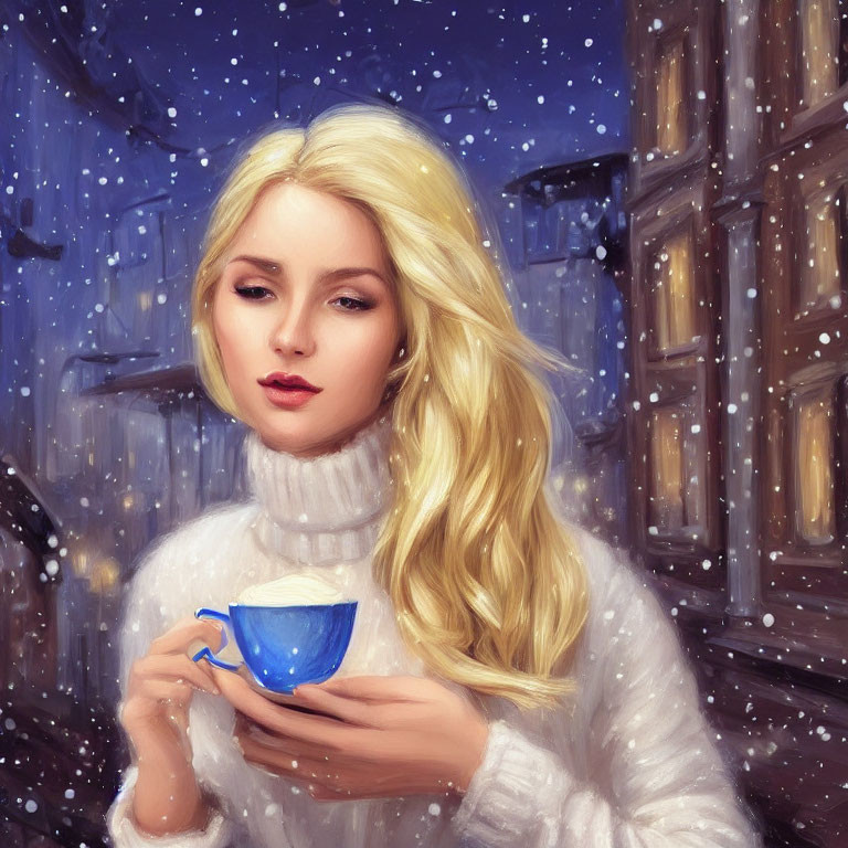 Blonde Woman in White Sweater Holding Blue Cup in Snowfall
