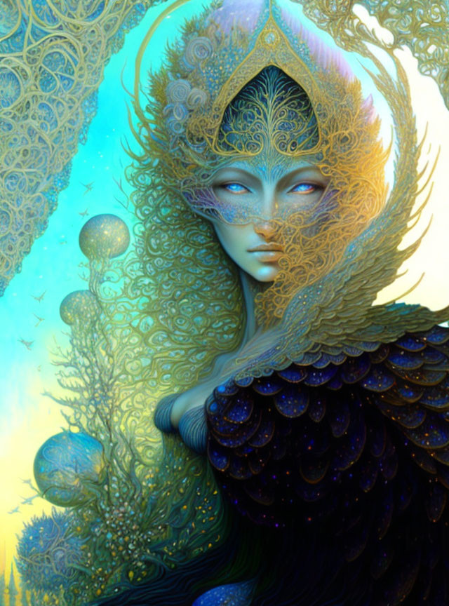 Intricate gold and blue headgear on ethereal figure in ornate feathery garments