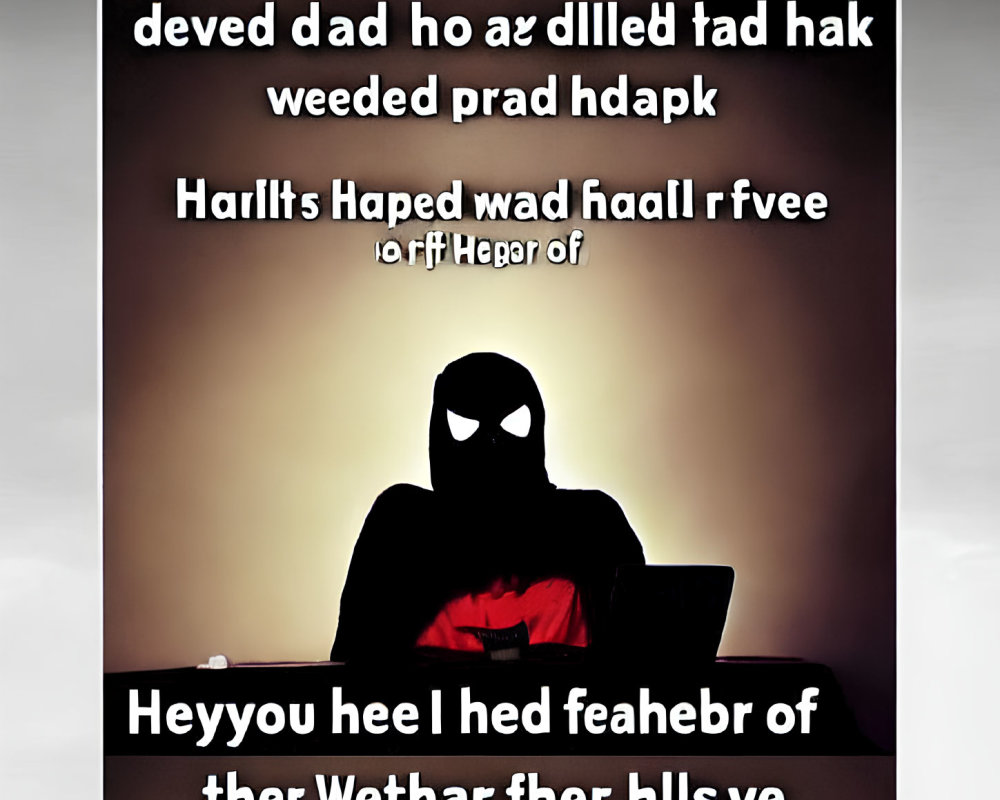 Silhouette of a person in Spider-Man mask at laptop with jumbled text