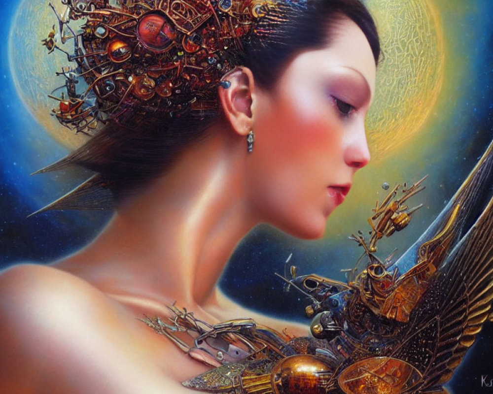 Surreal portrait of woman with ornate mechanical headdress & celestial backdrop