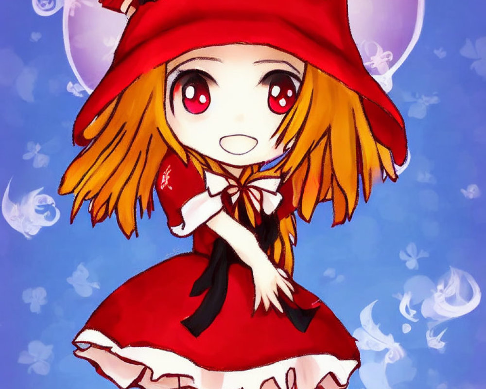 Anime-style character in red dress and hat with orange hair on blue background.