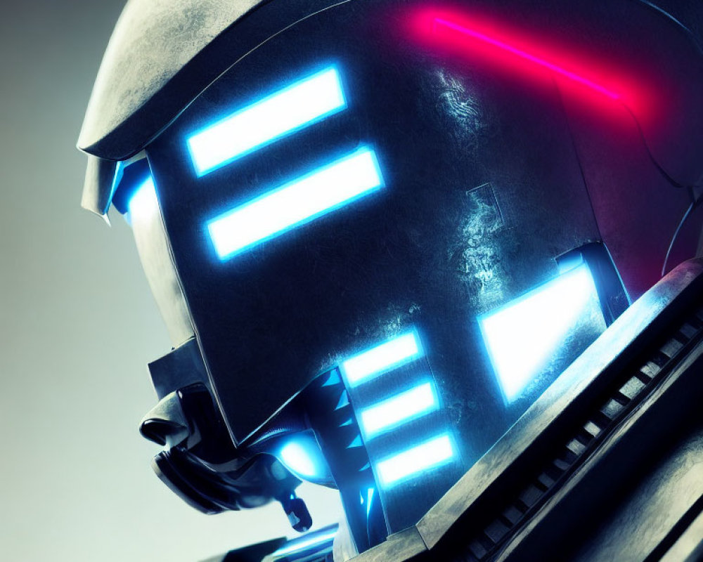 Futuristic helmet with neon blue visors and red glowing element