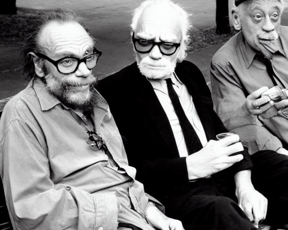 Three Elderly Men Sitting Together, Two Wearing Glasses, One Smoking