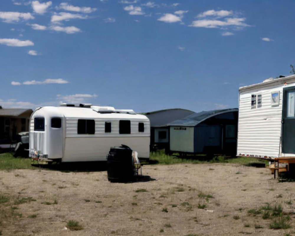 Vintage white trailer and parked vehicles in sunny trailer park.