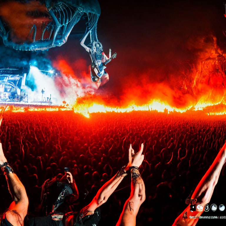 Crowded concert scene with red pyrotechnics and performer mid-air.