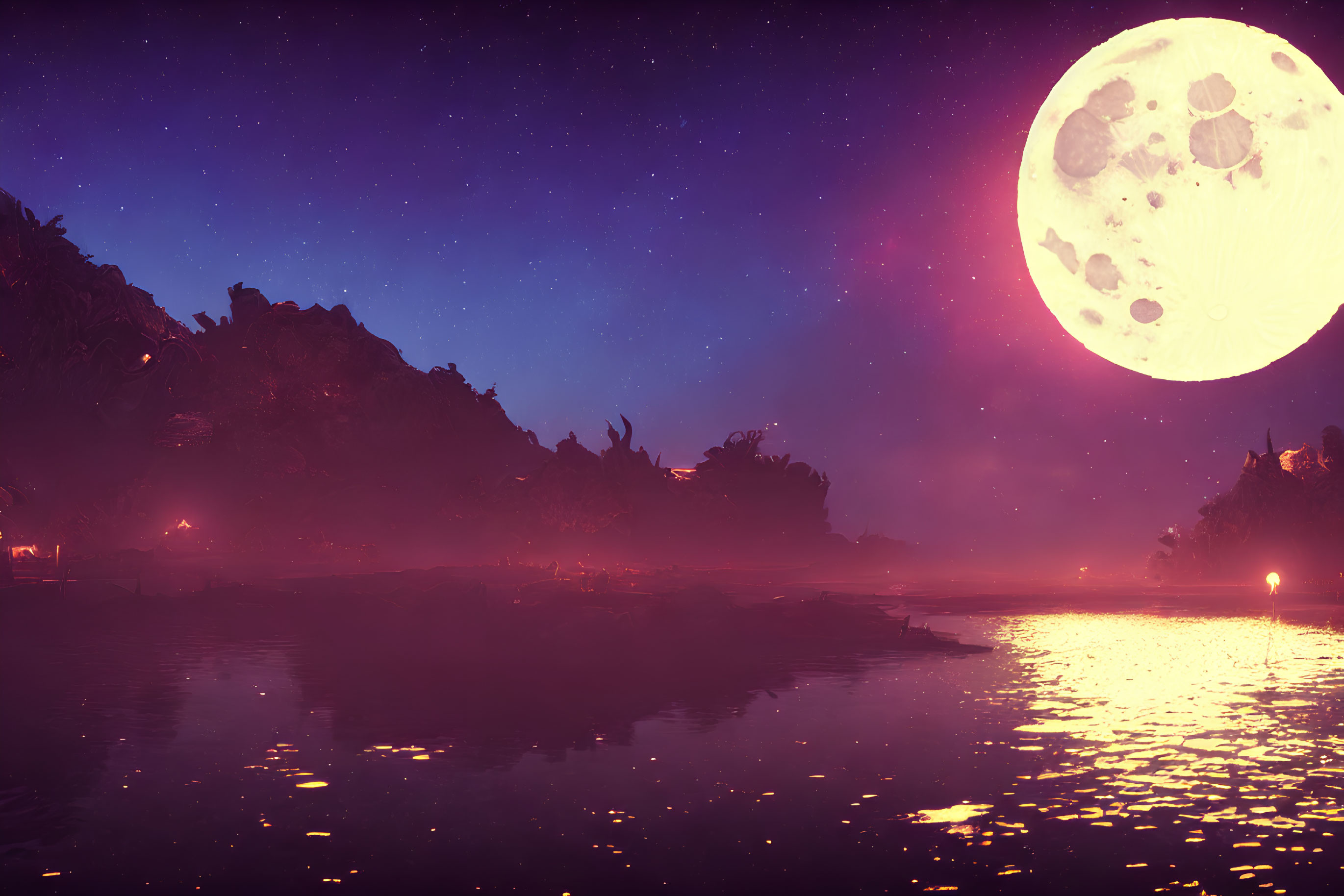 Tranquil night landscape with glowing moon, calm lake, silhouetted mountains, starry