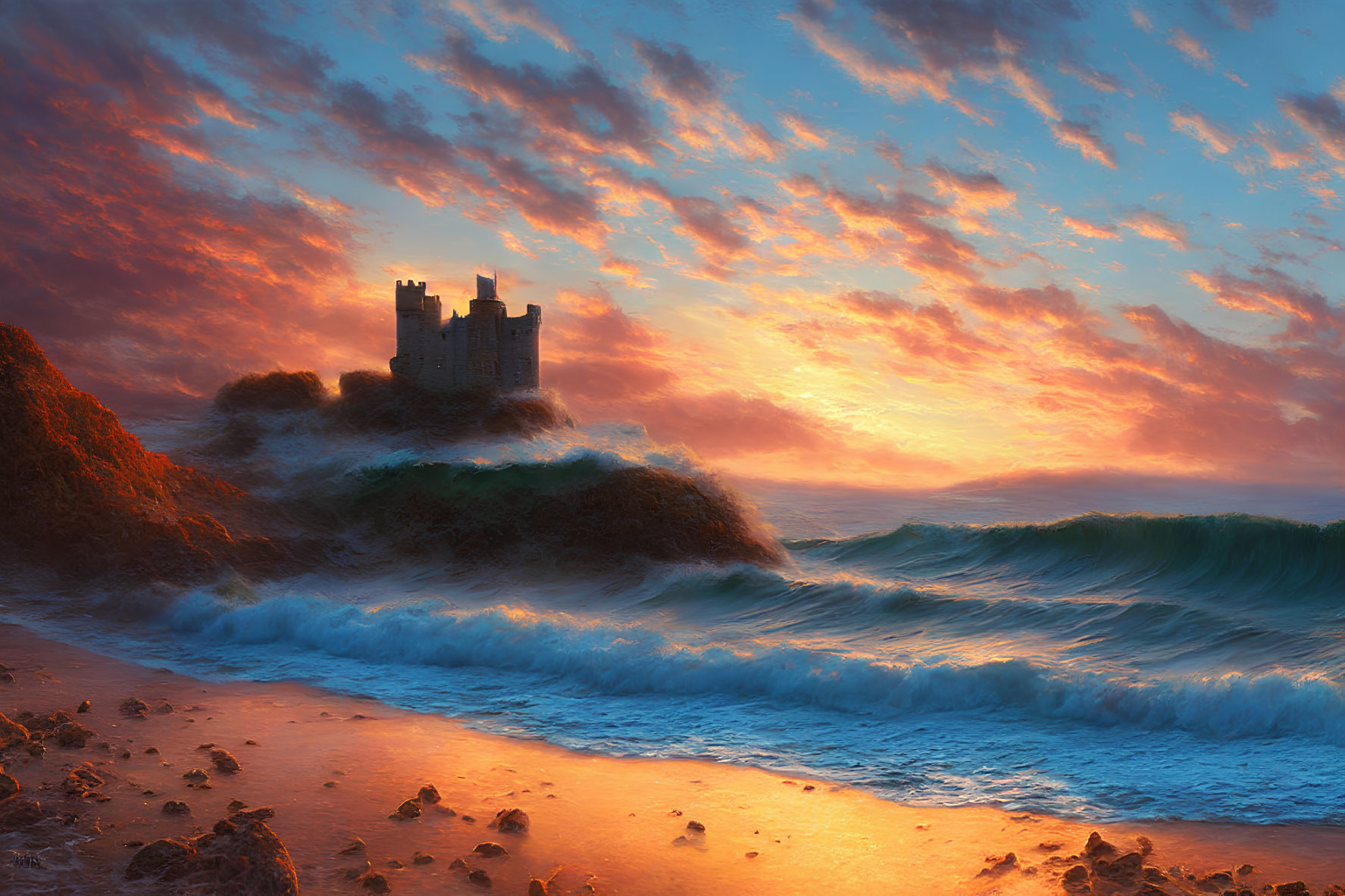 Seaside cliff castle under vibrant sunset sky