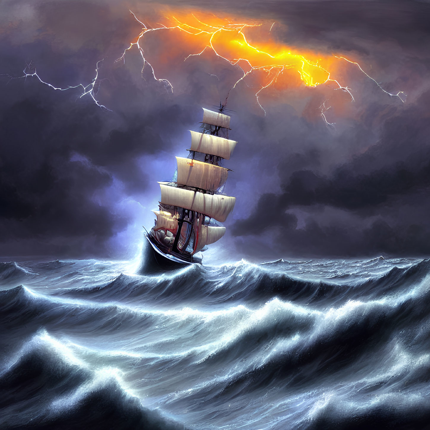 Sailing ship in stormy ocean with lightning sky