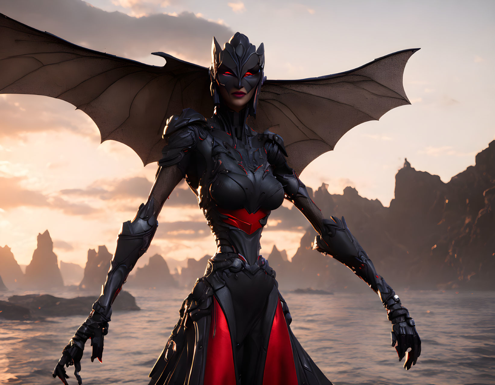 Female character with bat-like wings in armored suit against dramatic sunset backdrop