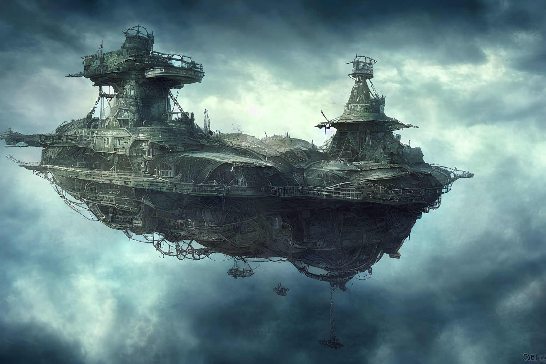 Floating steampunk-style airship with intricate metalwork in cloudy skies