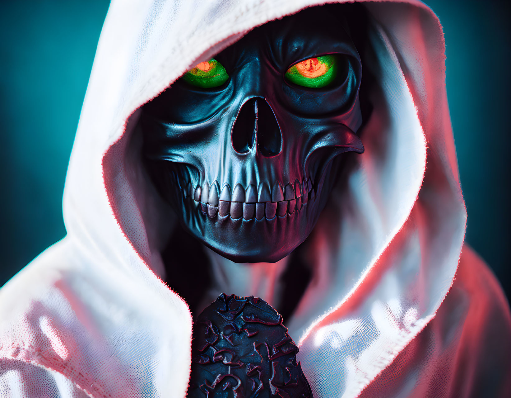 Skull mask with glowing green eyes on dark figure against vibrant background