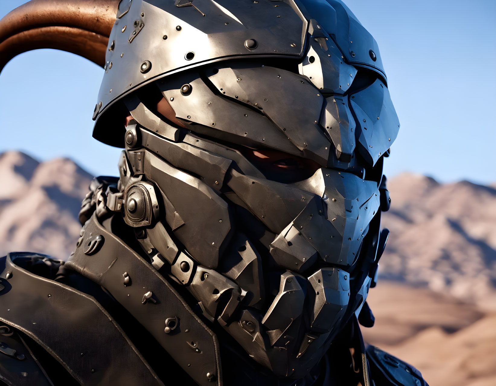 Futuristic armored suit person in desert backdrop