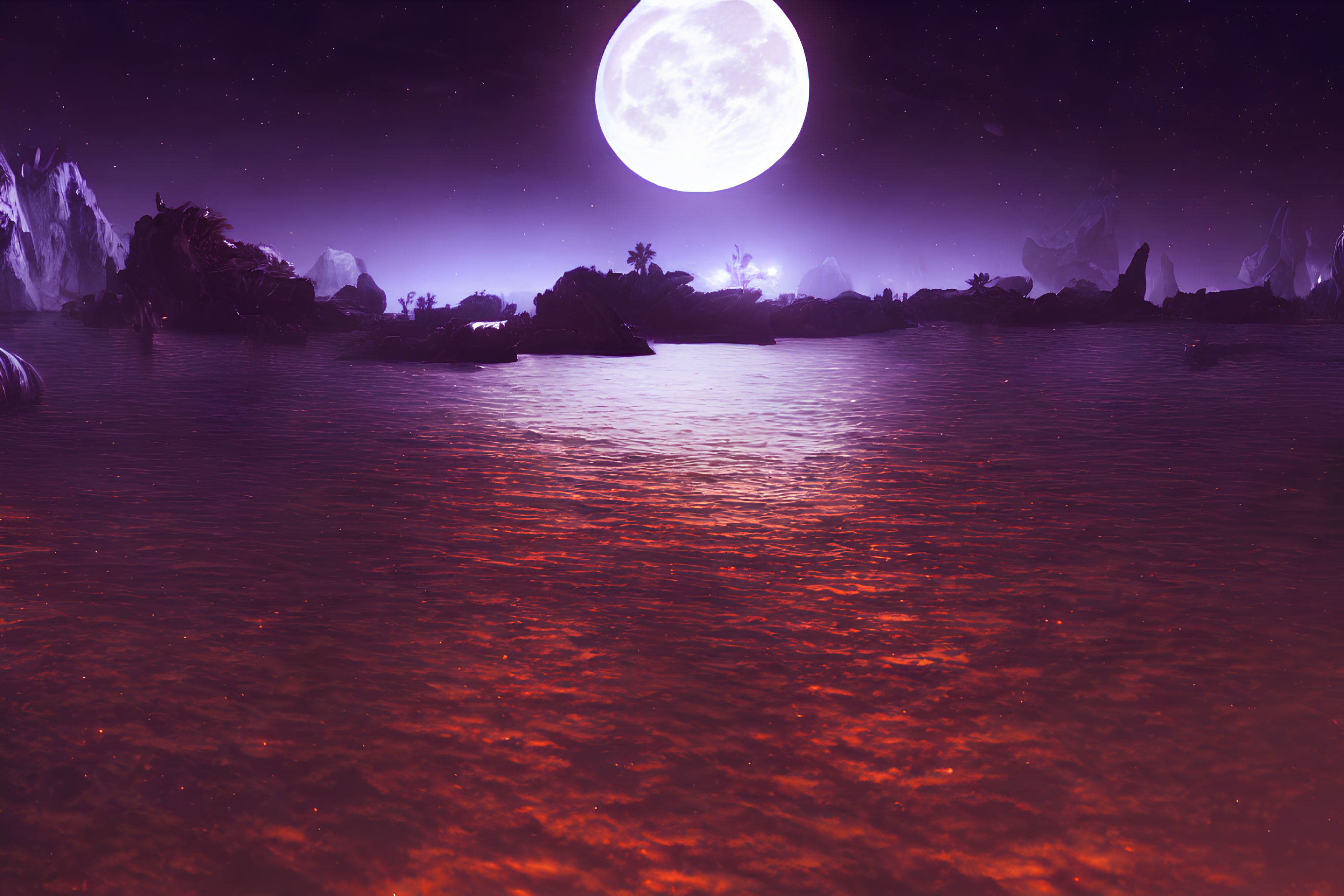 Alien landscape with large moon, red ocean, silhouetted rocks, and starry sky