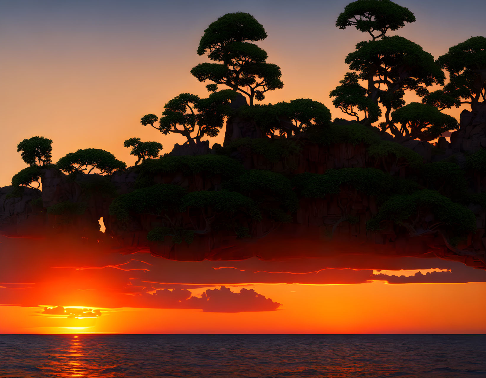 Tranquil sunset with silhouetted trees on cliff and sun's reflection in ocean
