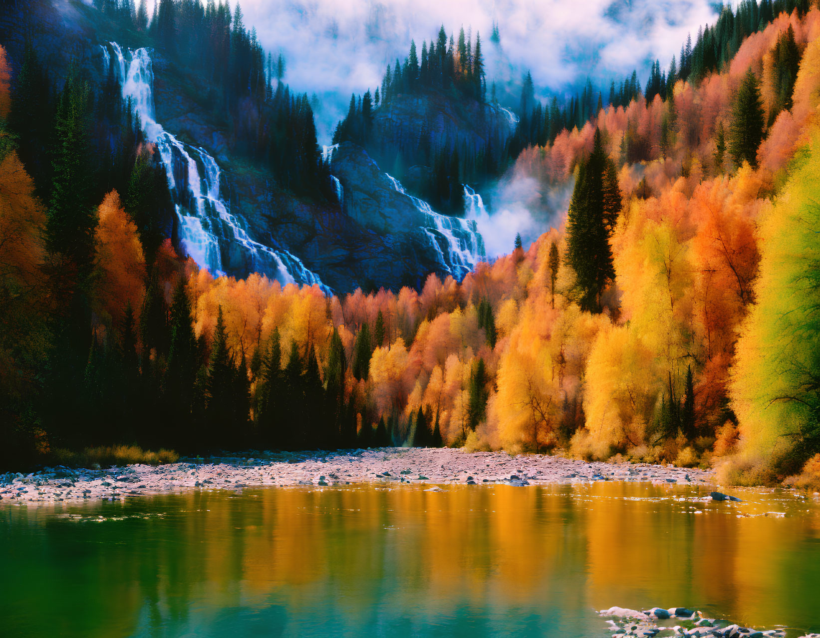 Autumn Foliage, River, Waterfall, Mountains, Sky - Scenic Nature Landscape