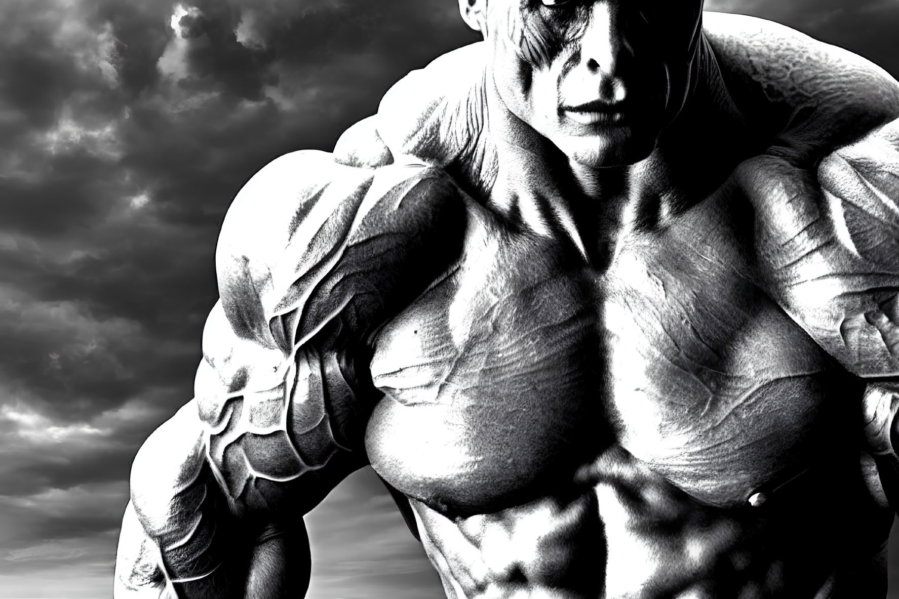 Muscular figure in monochrome against dramatic cloudy sky