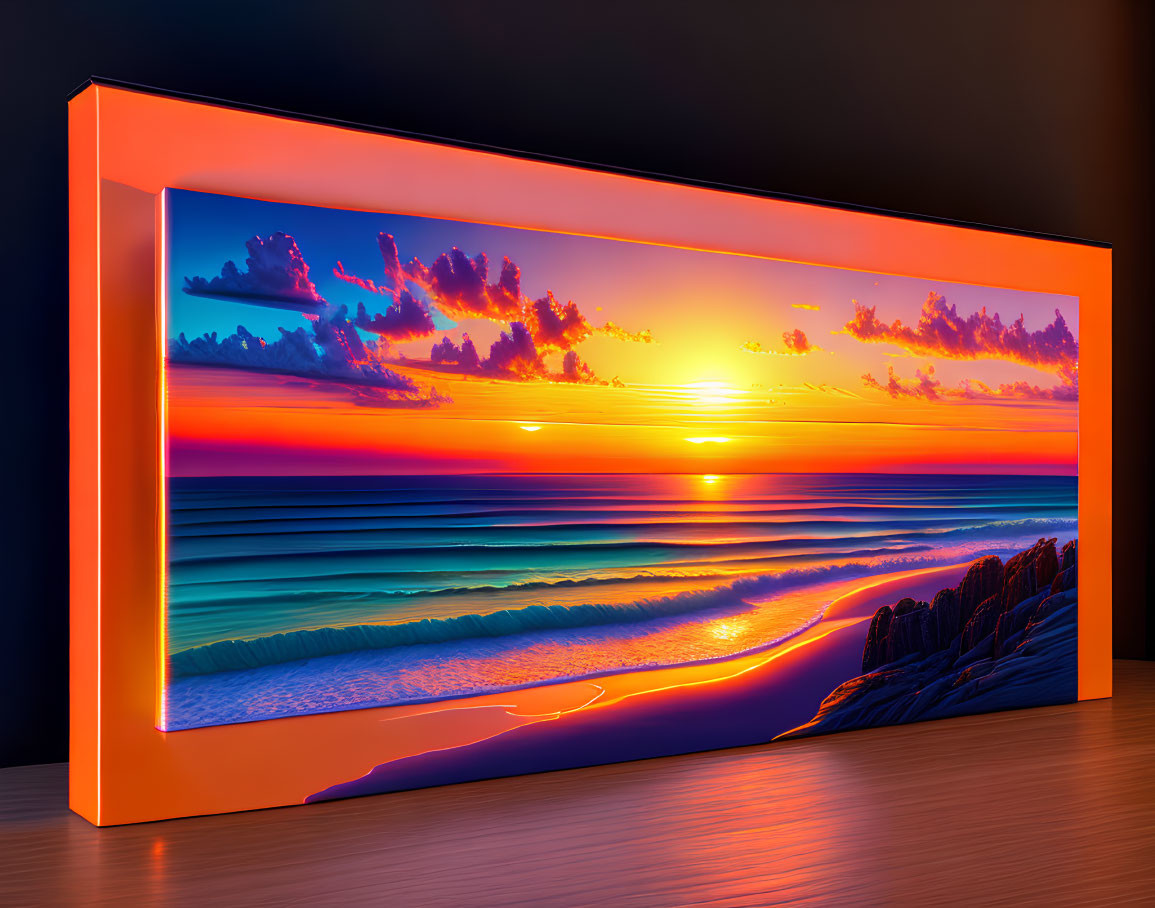 High-definition frameless screen: vibrant beach sunset with dramatic clouds & illuminated coastline