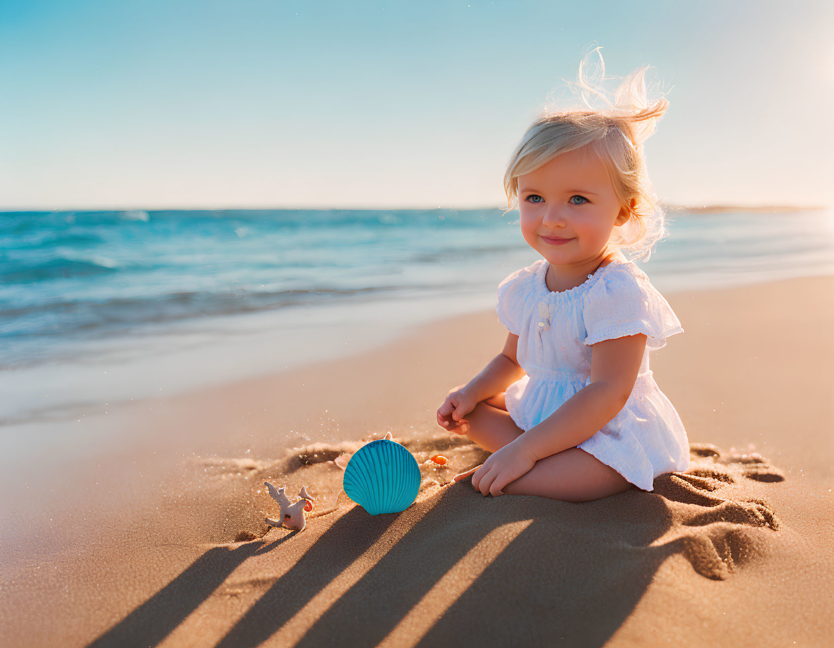 Child in white dress playing with blue ball on beach with ocean background