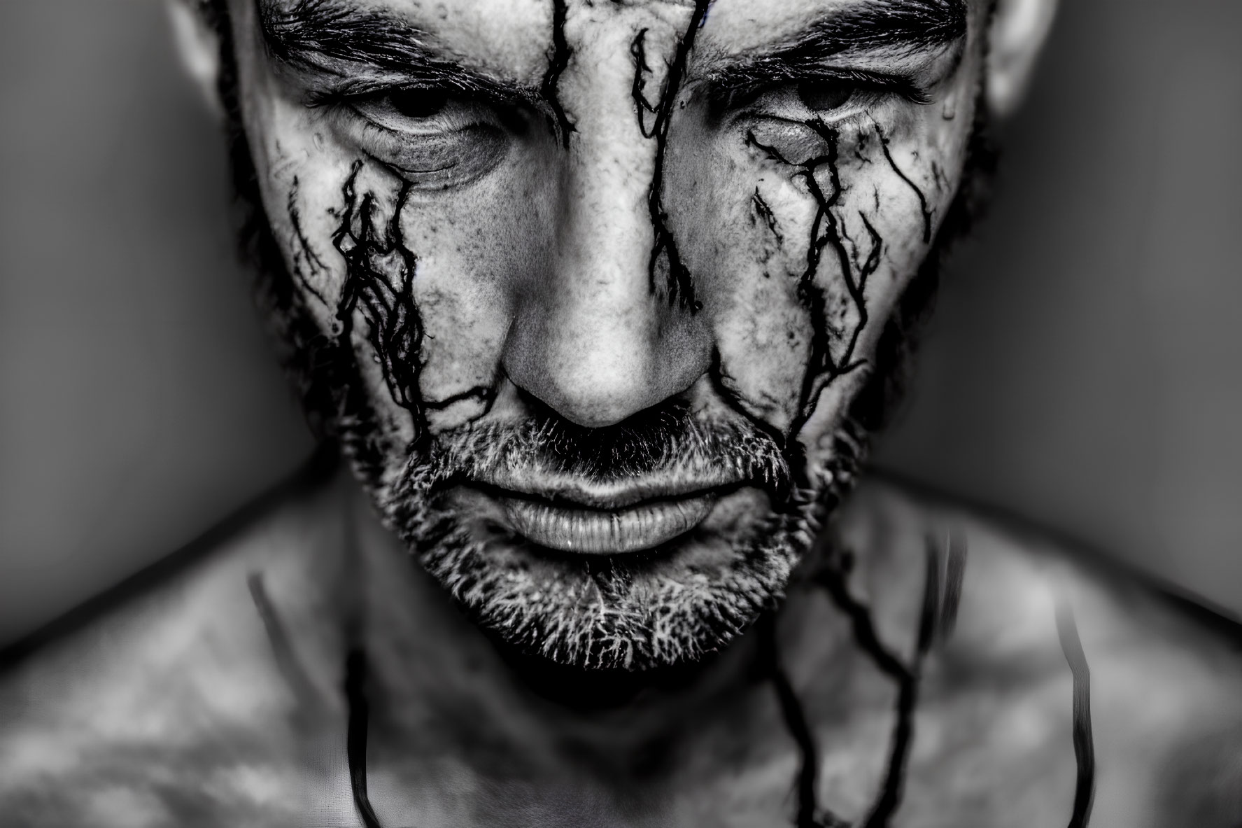 Monochrome close-up photo of person with cracked earth face paint