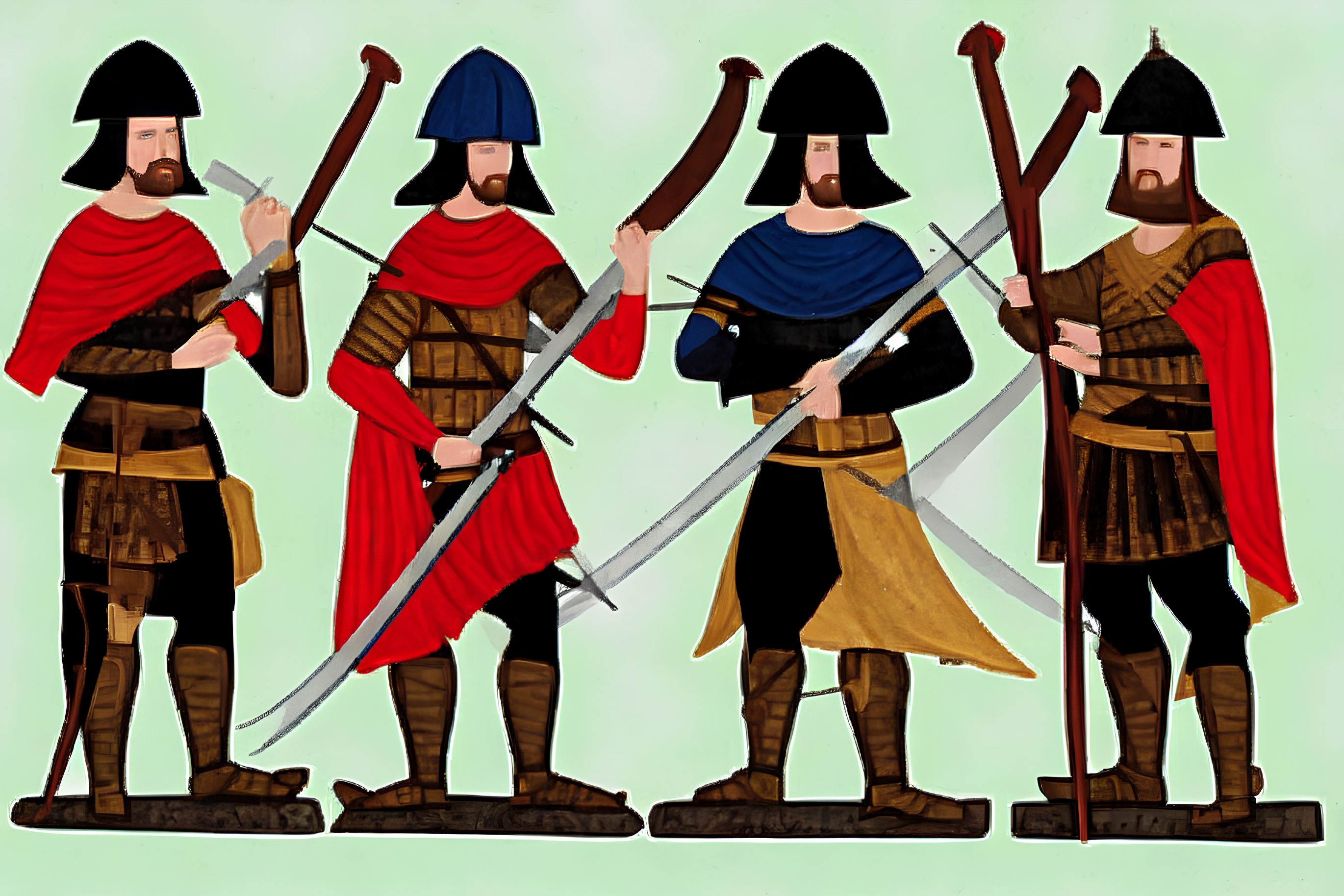 Four medieval warriors in armor and helmets with axes and swords on light background