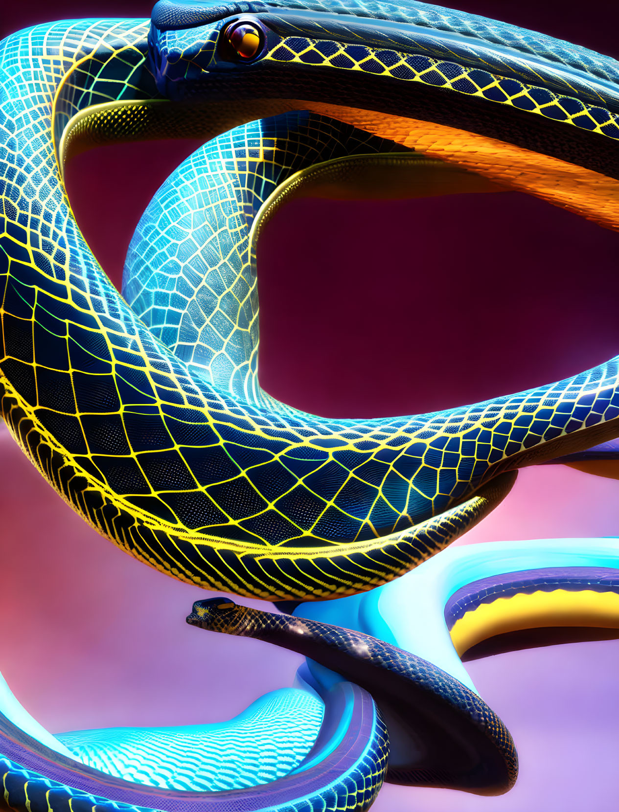 Neon blue and yellow snake digital art on pink and purple background