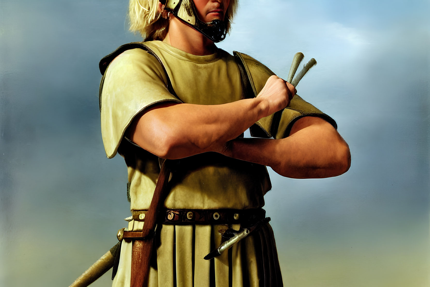 Muscular blond warrior in tunic grips sword hilt confidently against cloudy sky.