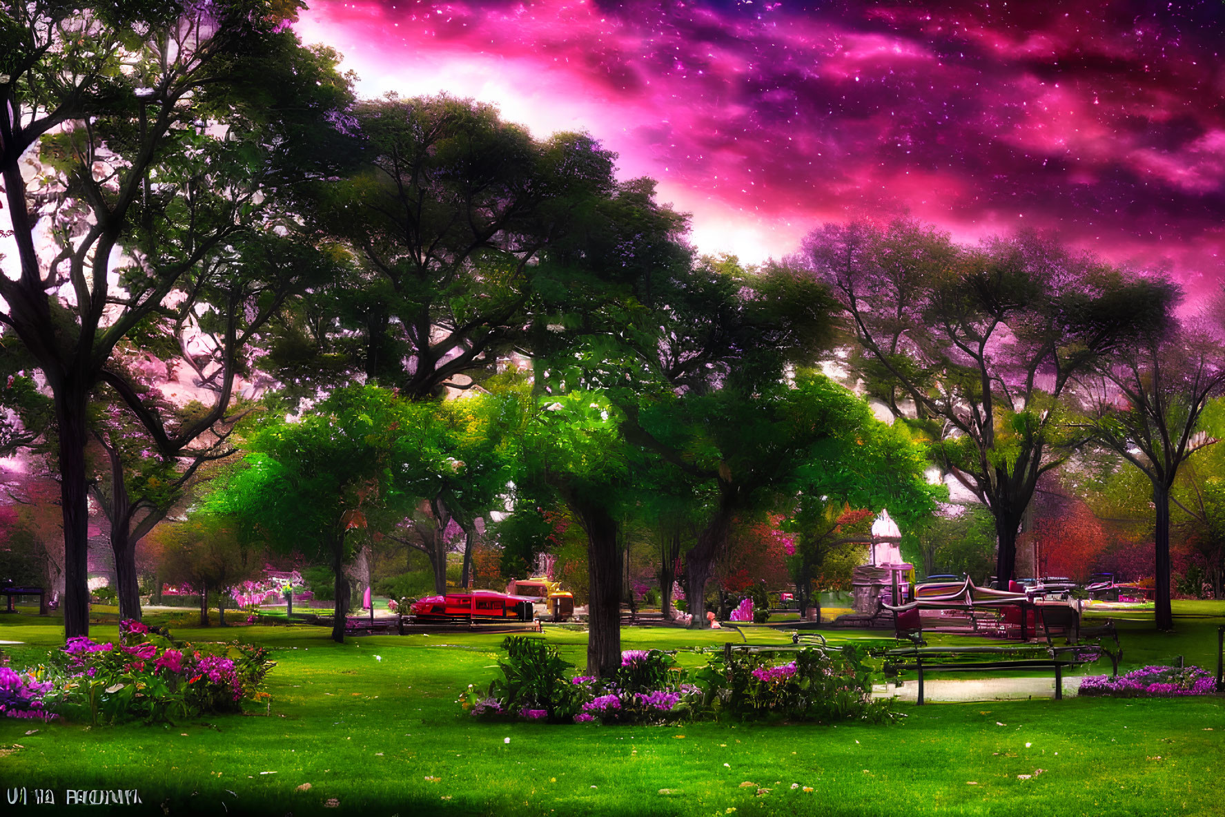 Lush green trees, red vehicle, park benches under surreal starry sky