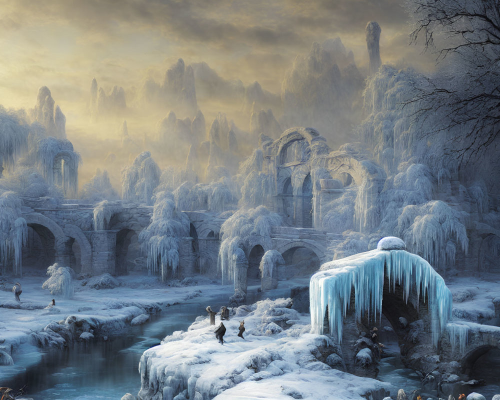 Fantasy wintry landscape with icy ruins, frozen waterfall, and frosted trees.