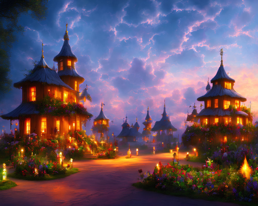 Colorful fantasy village with wooden houses, lantern-lit paths, and lush gardens at twilight