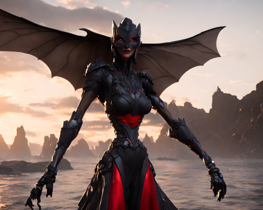 Female character with bat-like wings in armored suit against dramatic sunset backdrop