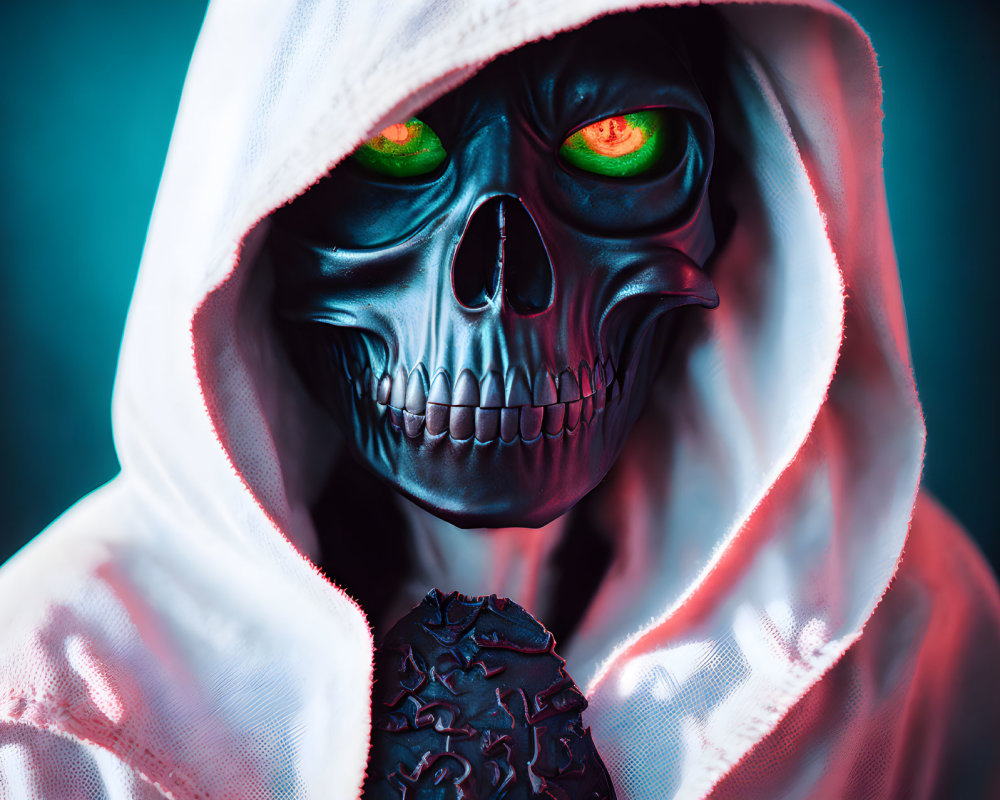 Skull mask with glowing green eyes on dark figure against vibrant background
