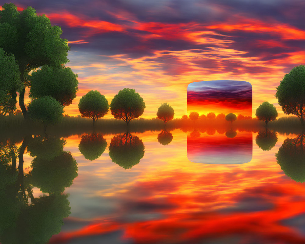 Fiery sunset reflection over calm lake with silhouette trees in floating window