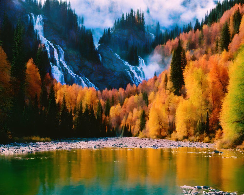 Autumn Foliage, River, Waterfall, Mountains, Sky - Scenic Nature Landscape