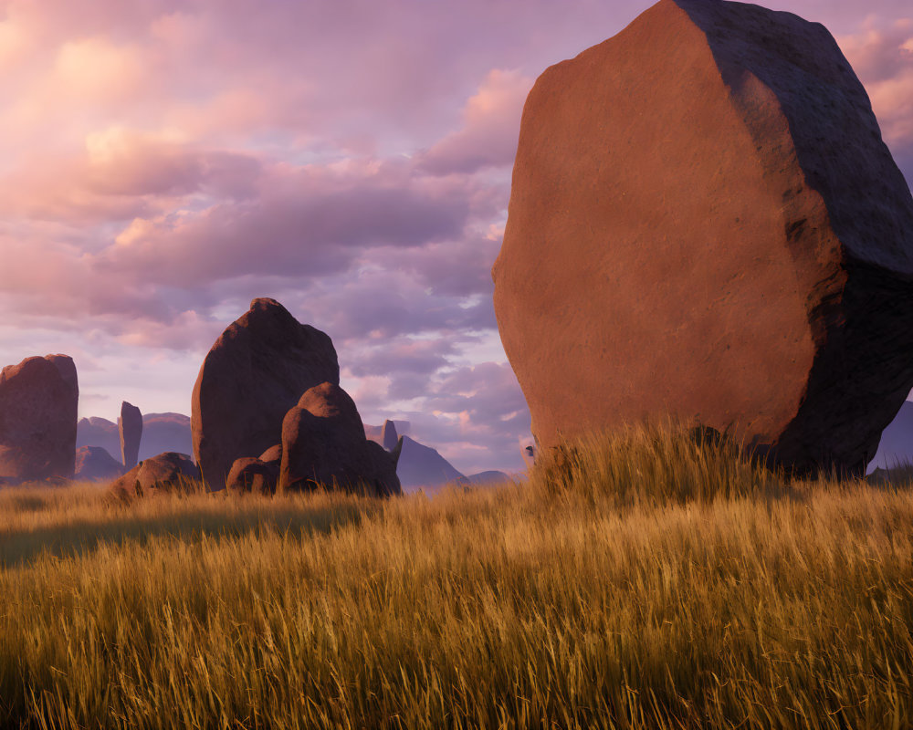 Tranquil landscape with large boulders and golden grass under purple and orange dusk sky