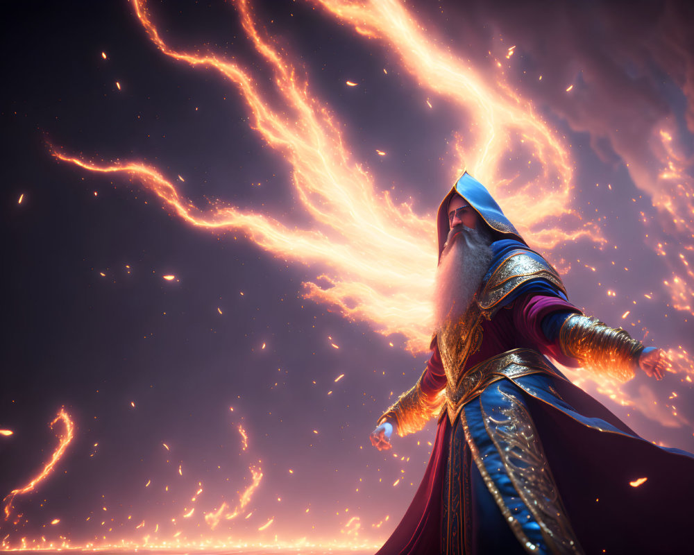 Majestic wizard in richly adorned robe under swirling fiery sky