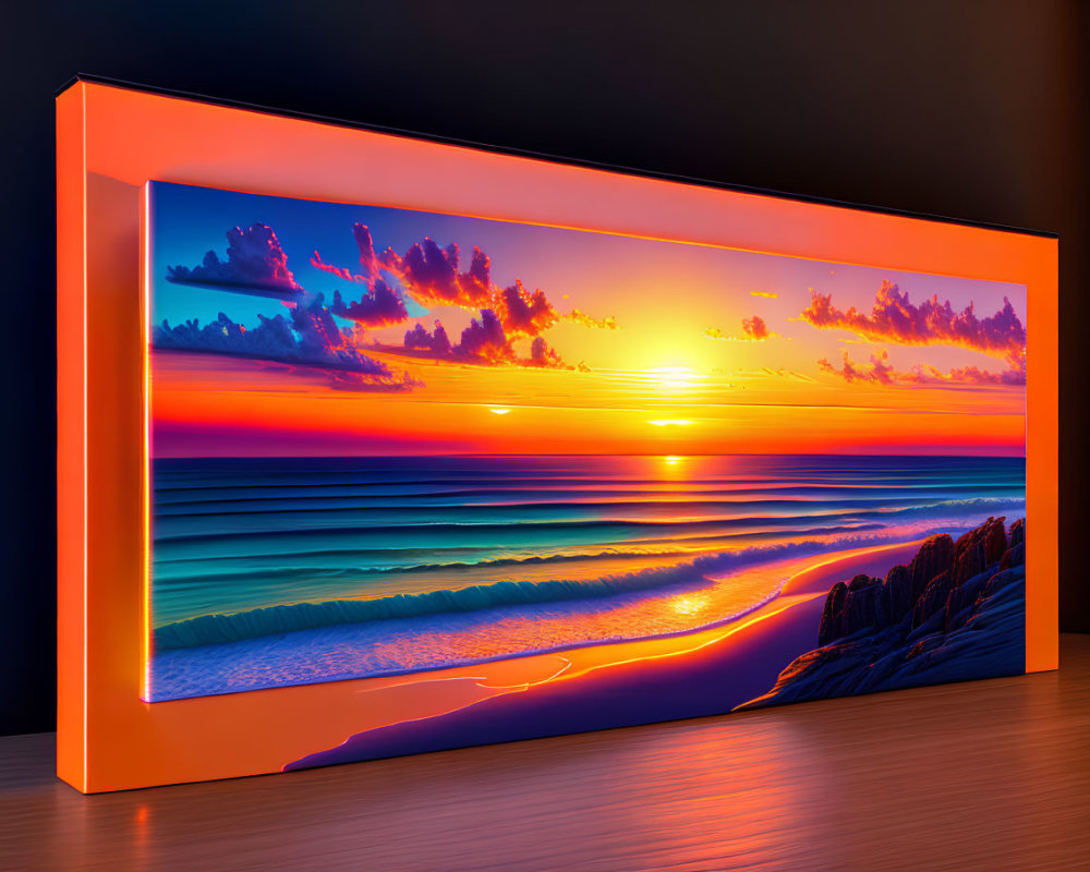 High-definition frameless screen: vibrant beach sunset with dramatic clouds & illuminated coastline
