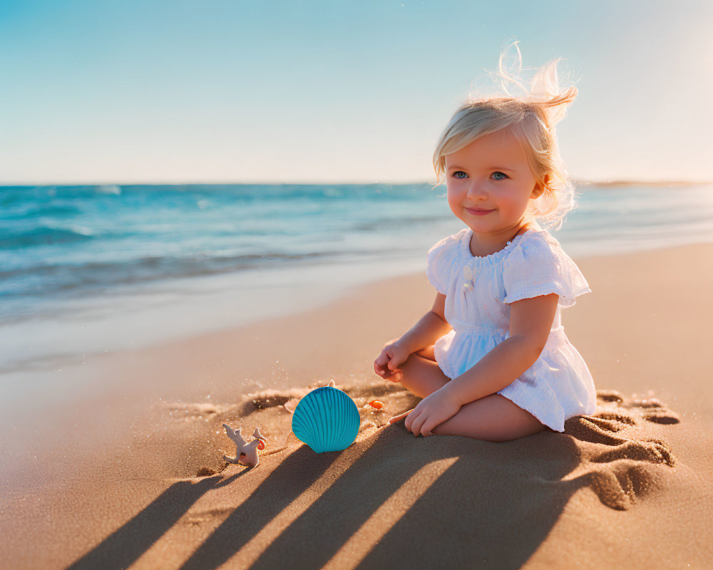 Child in white dress playing with blue ball on beach with ocean background