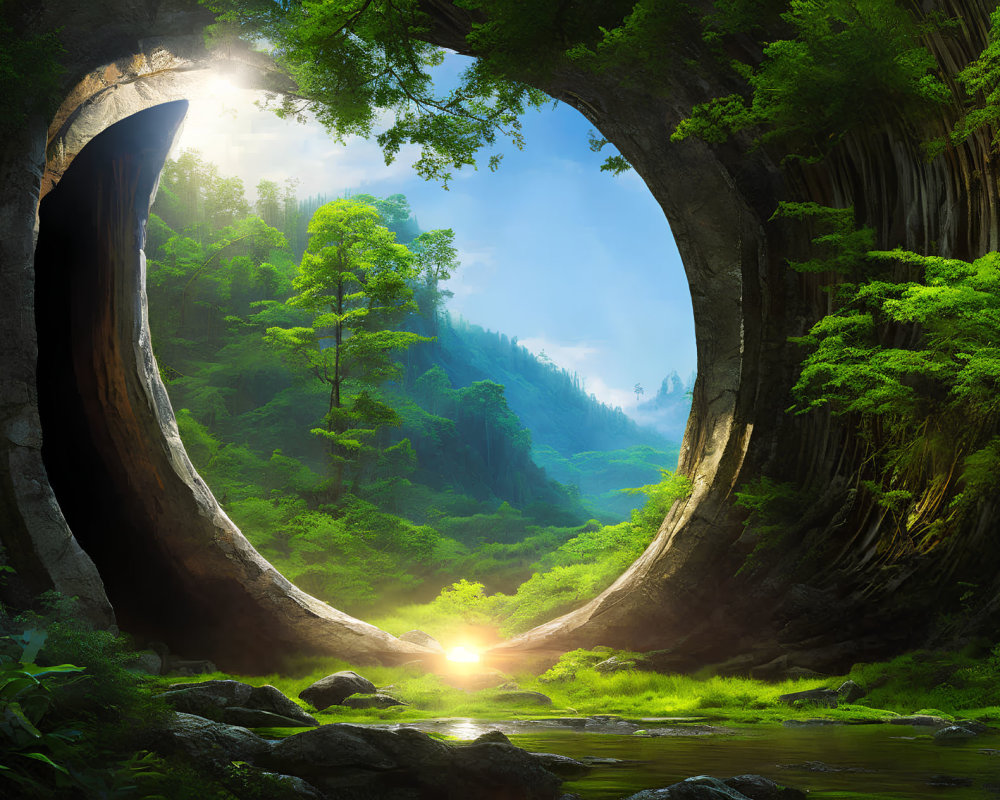 Lush forest seen through natural circular archway