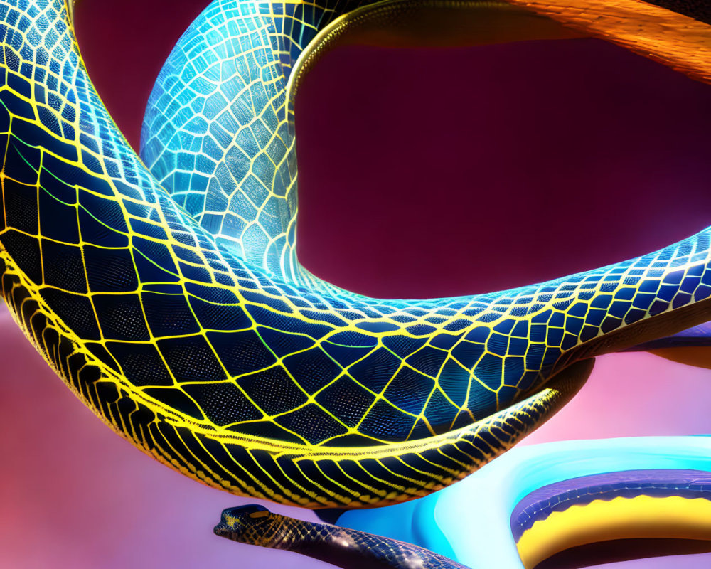 Neon blue and yellow snake digital art on pink and purple background