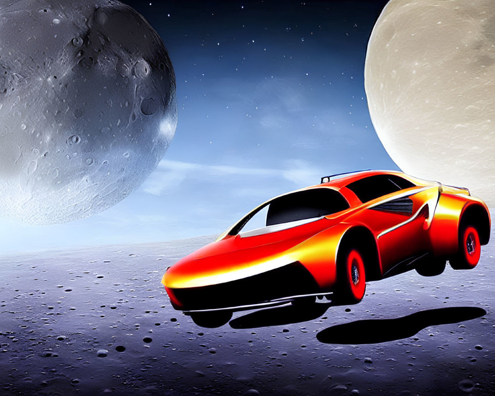 Red sports car on moon-like surface with spaceman and planets in background