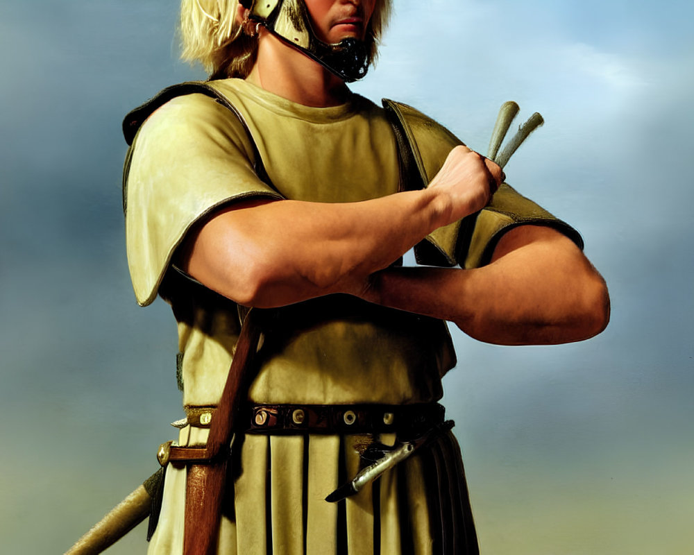Muscular blond warrior in tunic grips sword hilt confidently against cloudy sky.
