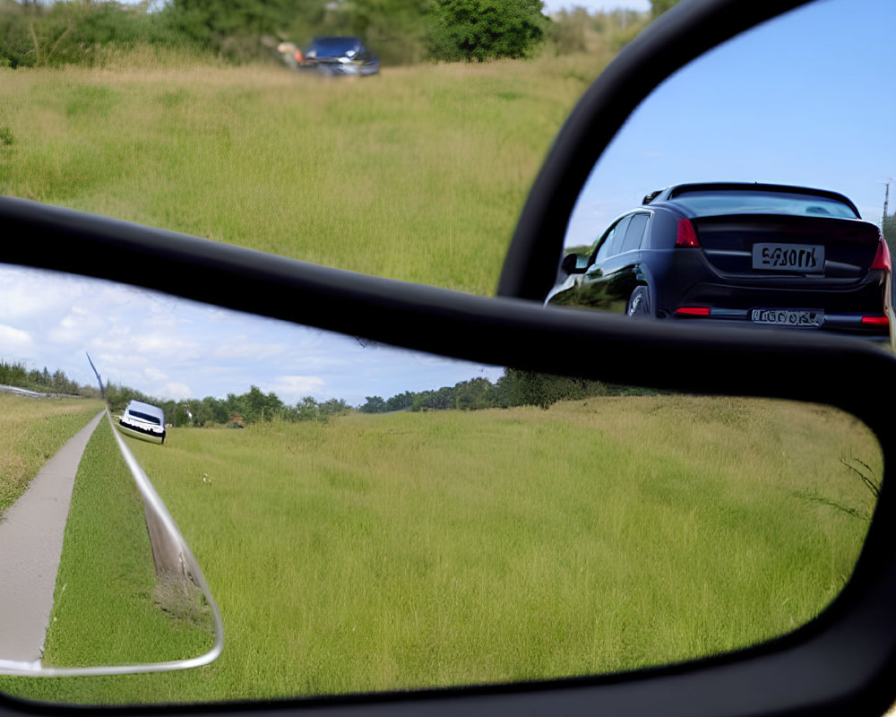 Road and car reflected in side-view mirror against grassy field and sky