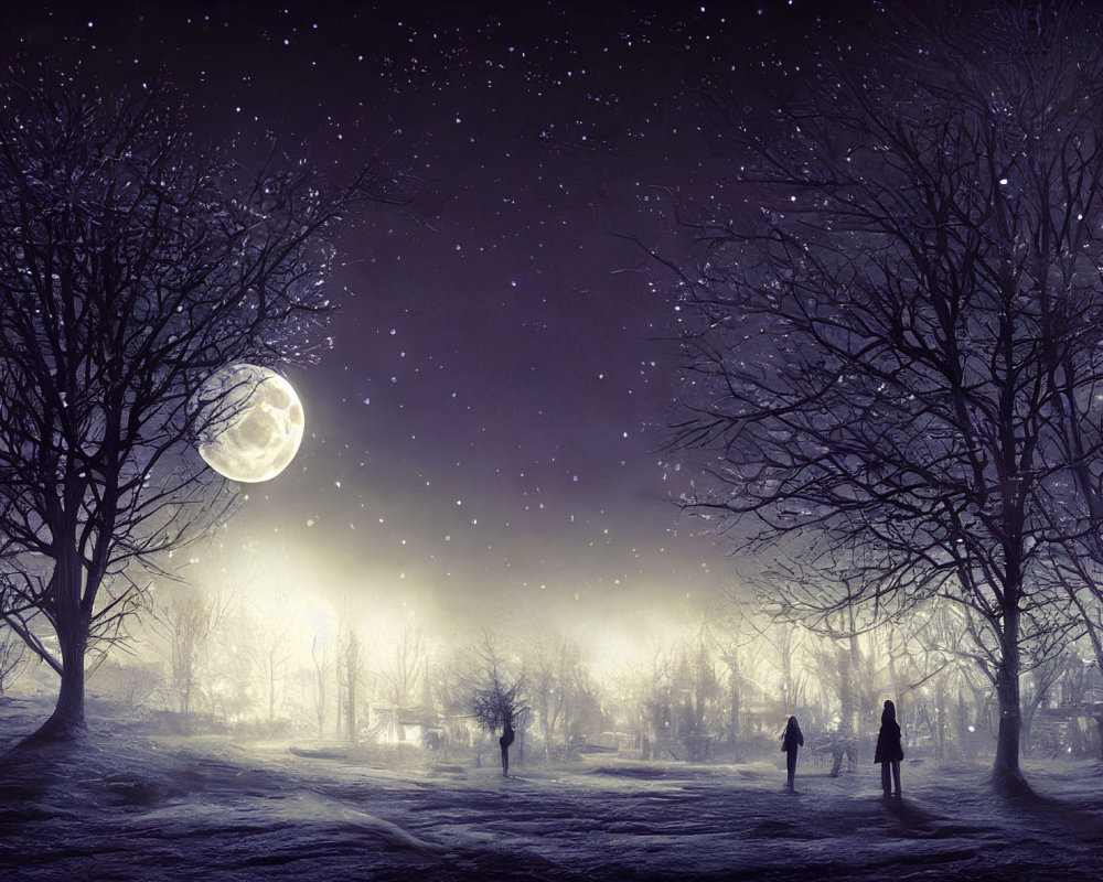 Snowy Night Landscape with Moon, Trees, Figures, and Stars