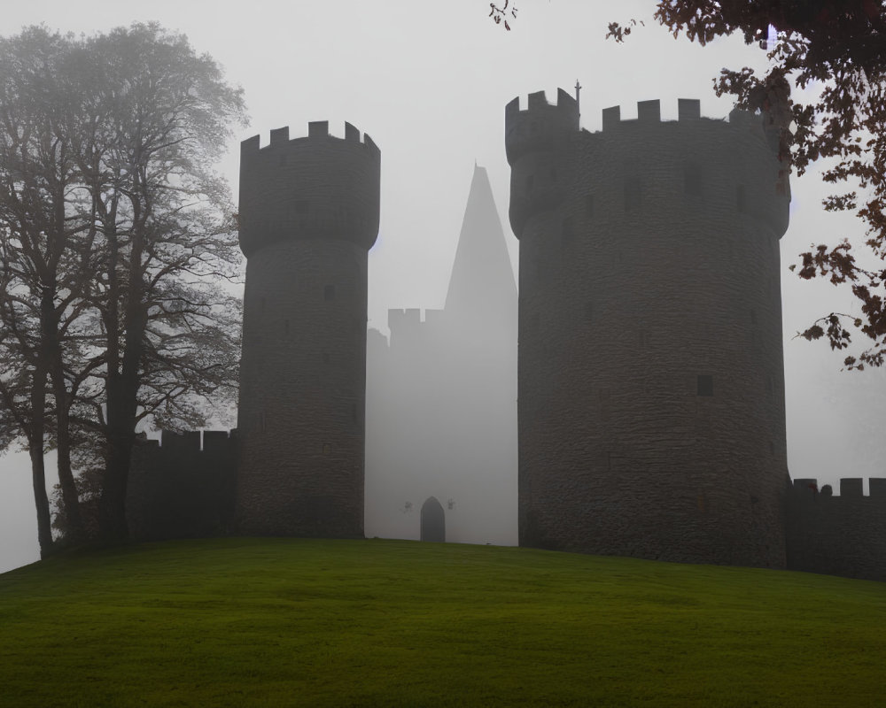 Medieval stone towers and castle walls in heavy fog with trees and misty backdrop