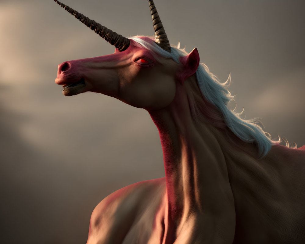 Pinkish 3D unicorn with spiraled horn and flowing mane in moody sky