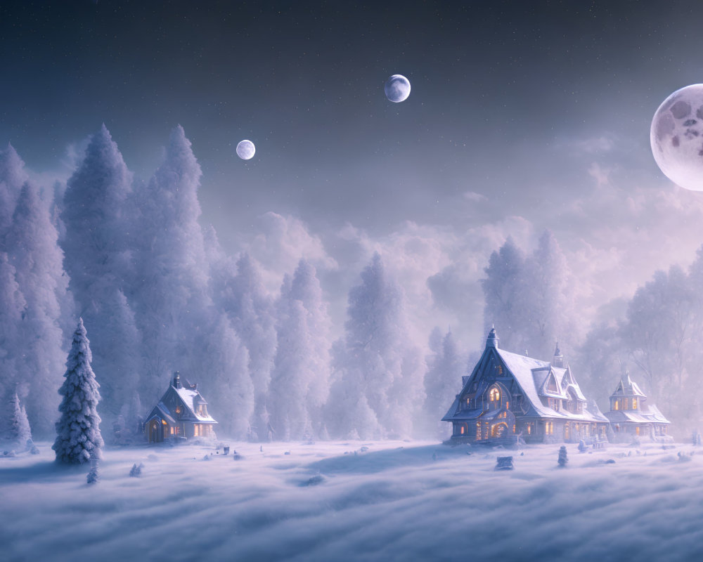 Snowy night landscape with multiple moons, lit cottages, and evergreens