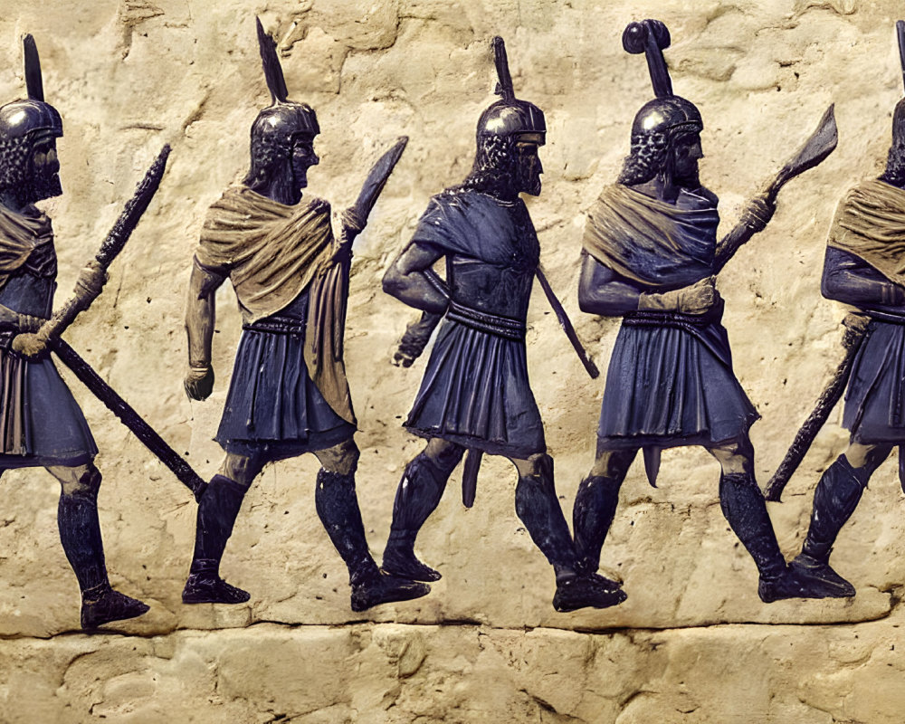 Ancient soldiers in uniform with helmets and spears in bas-relief